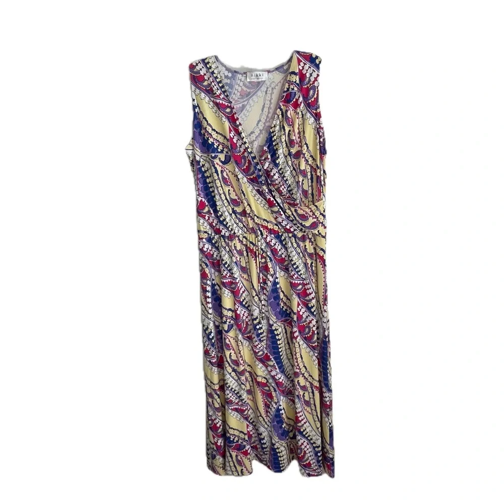 NWOT Nikki Poulos Maxi Dress 1X Plus Sleeveless V-Neck Paisley Floral Multicolor - Picture 2 of 10